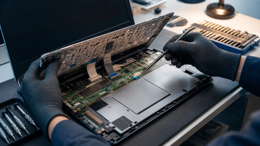 Simulated laptop keyboard and touchpad diagnosis on a professional repair bench
