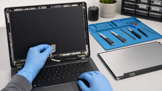 Simulated laptop screen and display-cable diagnosis on a professional repair bench