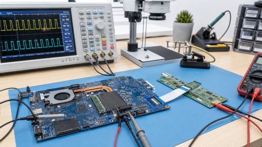 Simulated professional repair scene for Laptop Display Connection Path: Shorted signal or power line