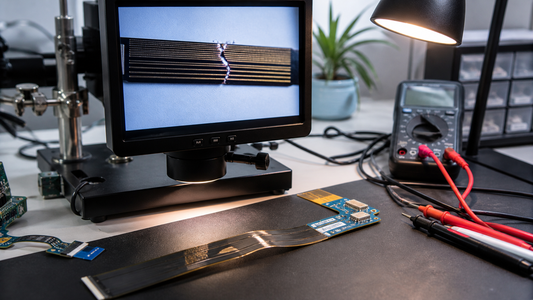 Simulated professional repair scene for Laptop Display Connection Path: Fractured conductor