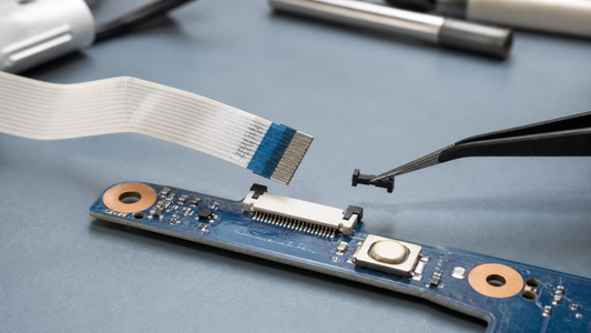 Simulated professional repair scene for Laptop Power Button Board: Broken connector latch
