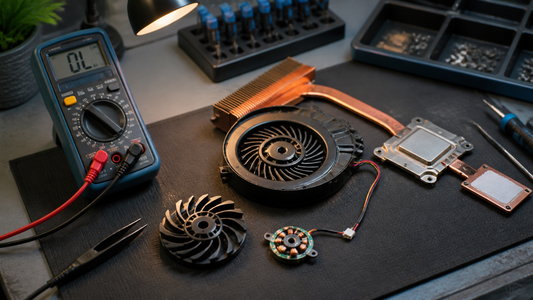Simulated professional repair scene for Gaming Laptop Cooling System: Open fan motor winding