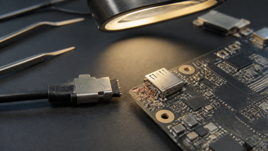 Simulated professional repair scene for Laptop Docking Connection: Torn connector pad
