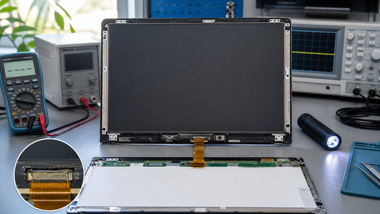 Simulated professional repair scene for Laptop Touchscreen LCD Assembly: Flex bonding failure